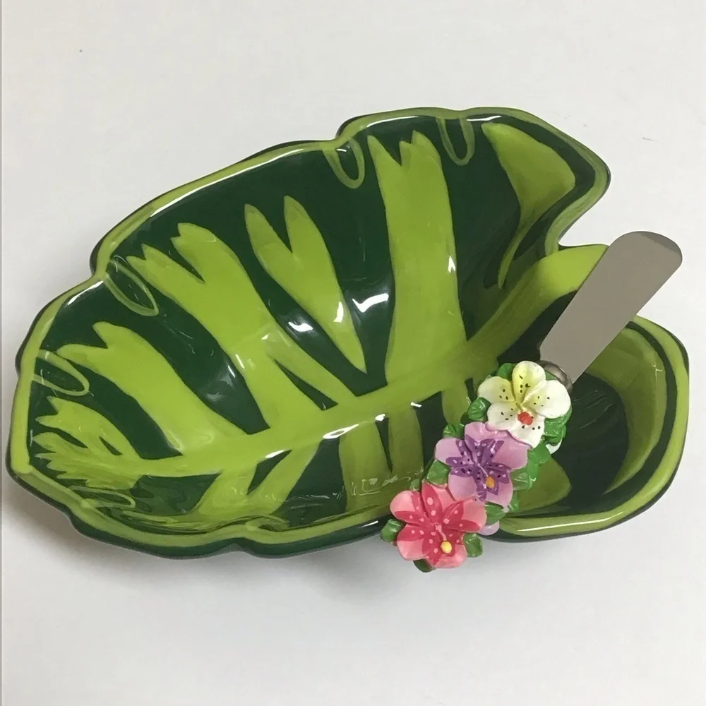 Tropical Leaf Serving Bowl Floral Spreader Green Ceramic Dip Fruit Hawaii Luau